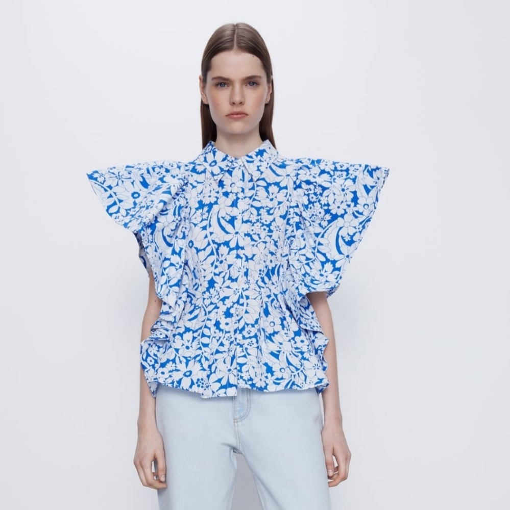 SOLD- Zara Blue Floral Ruffle Blouse